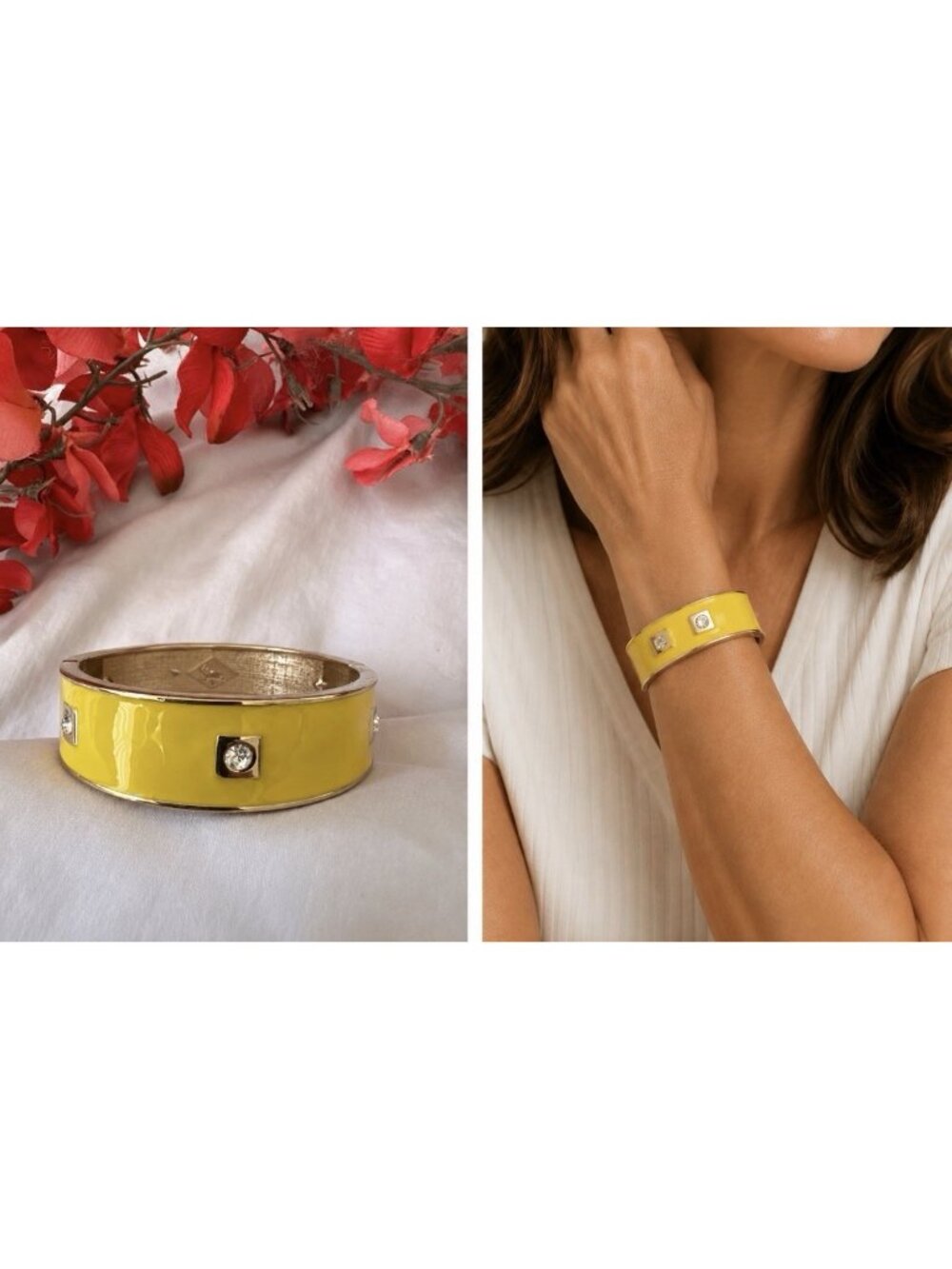 Lemon Yellow Gold CZ Enamel Cloisonne Bangle Bracelet 1/2" Colorful Hinged NEW